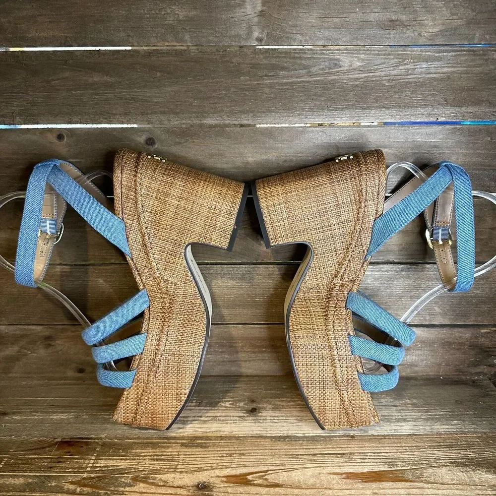 New NIB‎ Womens Sam Edelman Tibby Blue Denim Wedge Heeled Sandals Shoes Size 9.5
